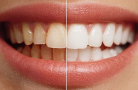 Close-up of woman’s smile before and after teeth whitening