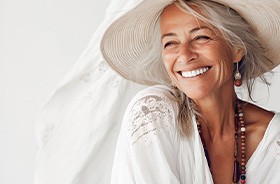 Smiling older woman wearing a sunhat