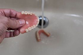 Person rinsing their dentures in sink